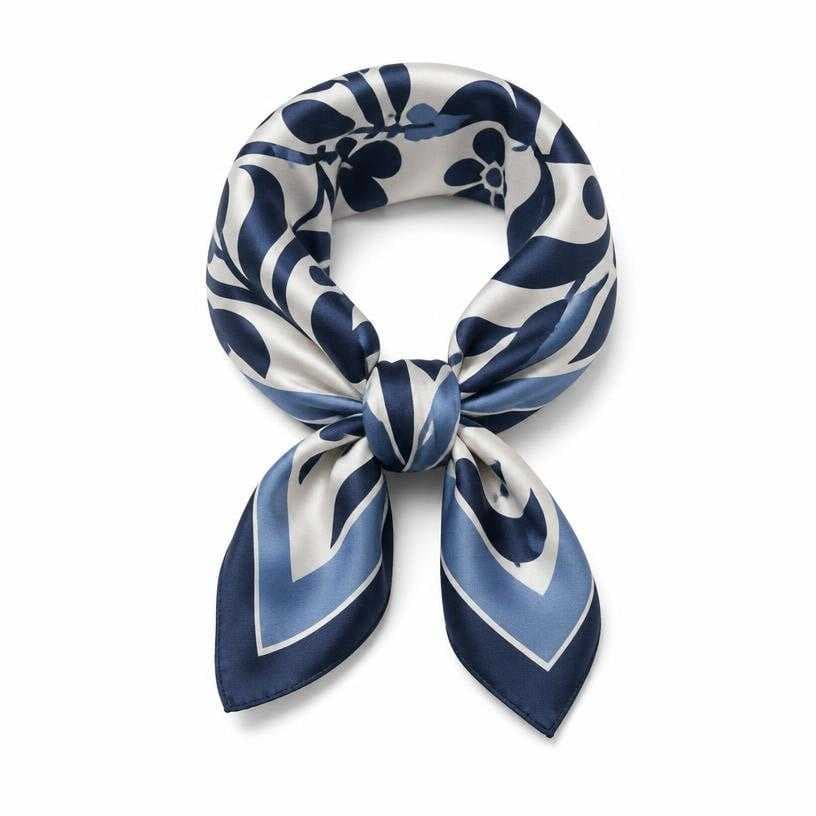 Generated item image of blue and white printed silky fabric neck scarf