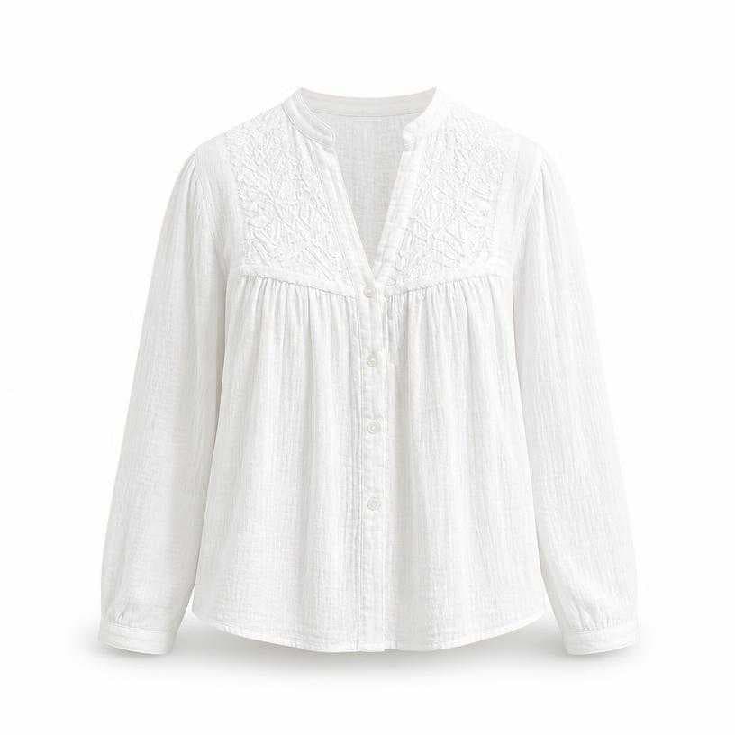Generated item image of relaxed white embroidered front panel textured cotton blouse