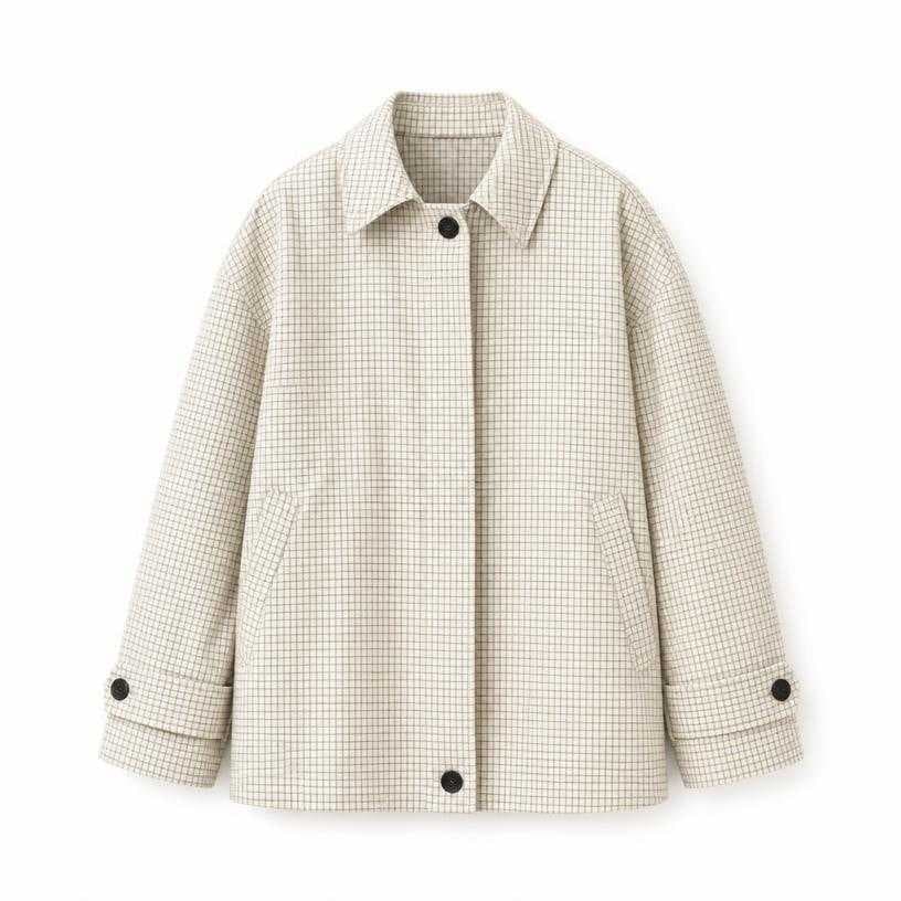 Generated item image of oversized cream with muted gray check light check pattern woven cotton jacket