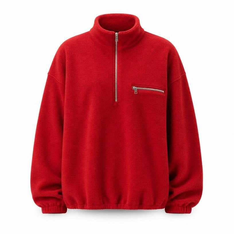 Generated item image of oversized red stand collar fleece half-zip pullover