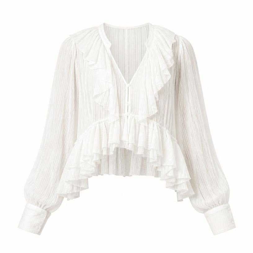Generated item image of relaxed white cropped ruffled sheer crinkled lightweight fabric blouse