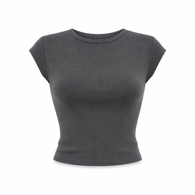 Generated item image of fitted charcoal gray cropped stretch knit short-sleeve top
