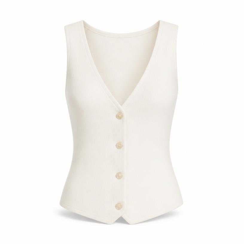 Generated item image of fitted warm white v neckline sleeveless button-front top