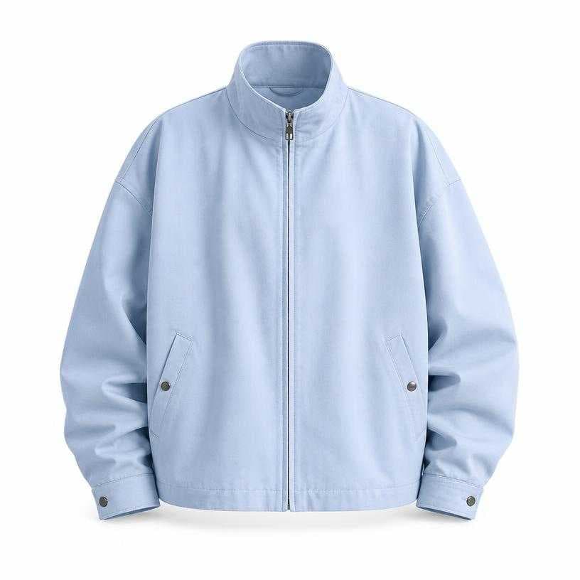 Generated item image of oversized light powder blue stand collar cotton twill zip-front jacket