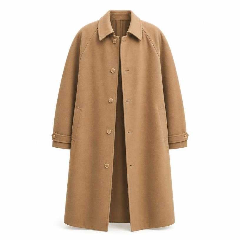 Generated item image of oversized camel tan long length wool-like coating overcoat
