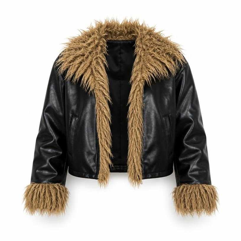 Generated item image of relaxed black and tan cropped glossy faux leather with faux-fur trim jacket