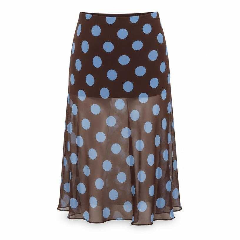 Generated item image of relaxed dark brown with powder blue print polka dot sheer lightweight fabric midi skirt