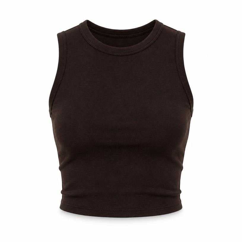 Generated item image of fitted very dark brown cropped knit jersey sleeveless crop top
