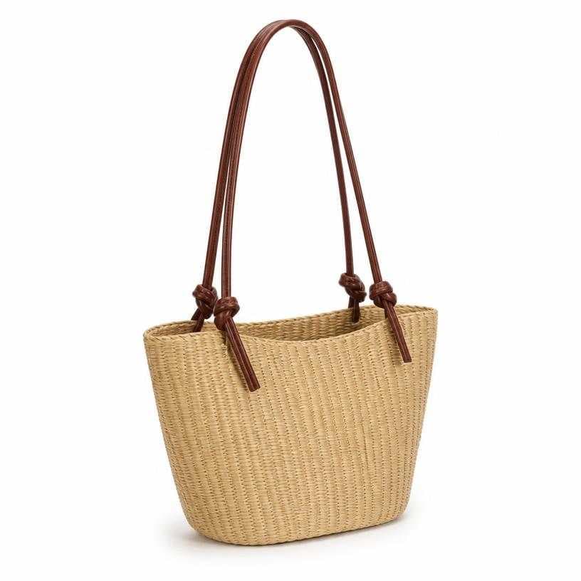 Generated item image of natural tan with brown straps basket-like woven straw shoulder bag