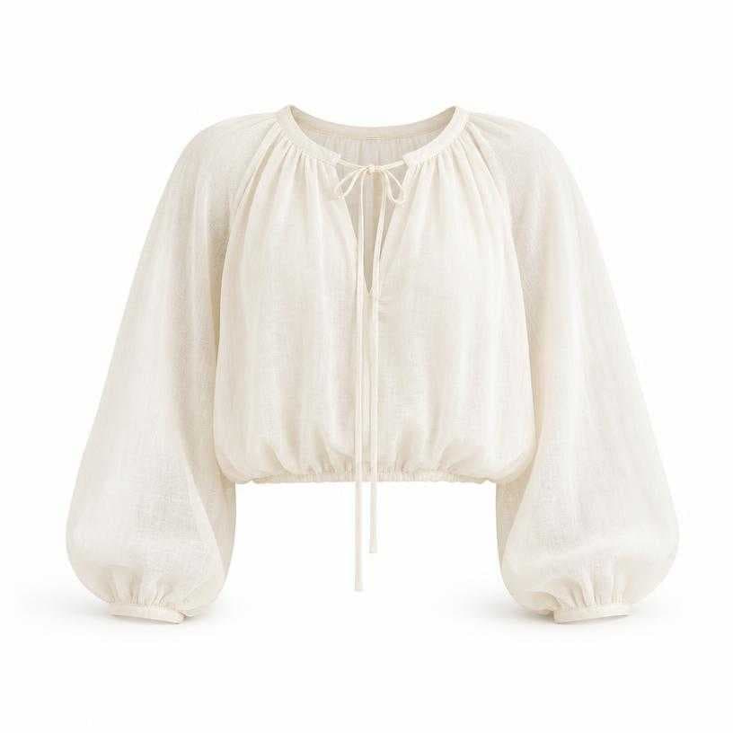 Generated item image of relaxed off-white puff sleeves lightweight woven fabric cropped blouse
