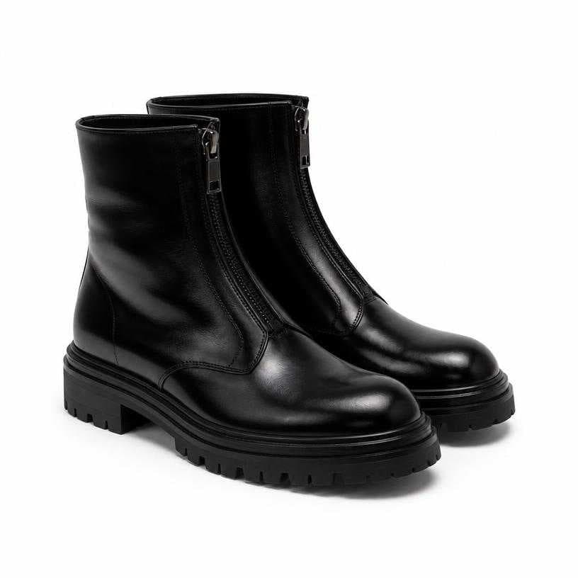 Generated item image of black chunky lug sole polished leather boots
