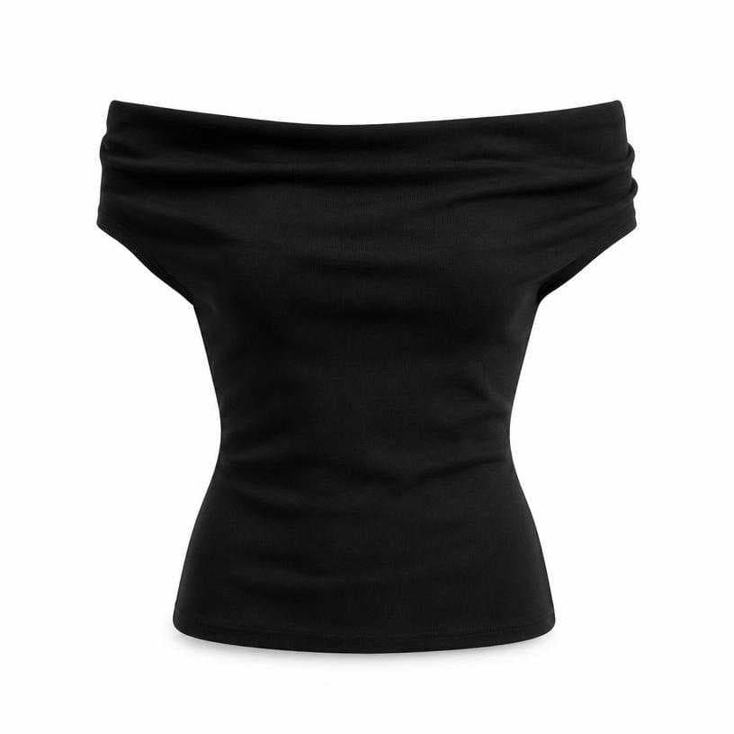 Generated item image of fitted black wide folded neckline knit jersey off-shoulder top