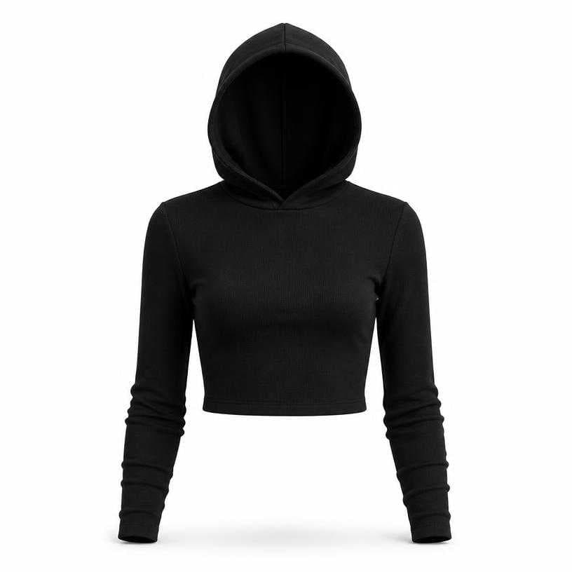 Generated item image of fitted black cropped soft knit fabric hooded top