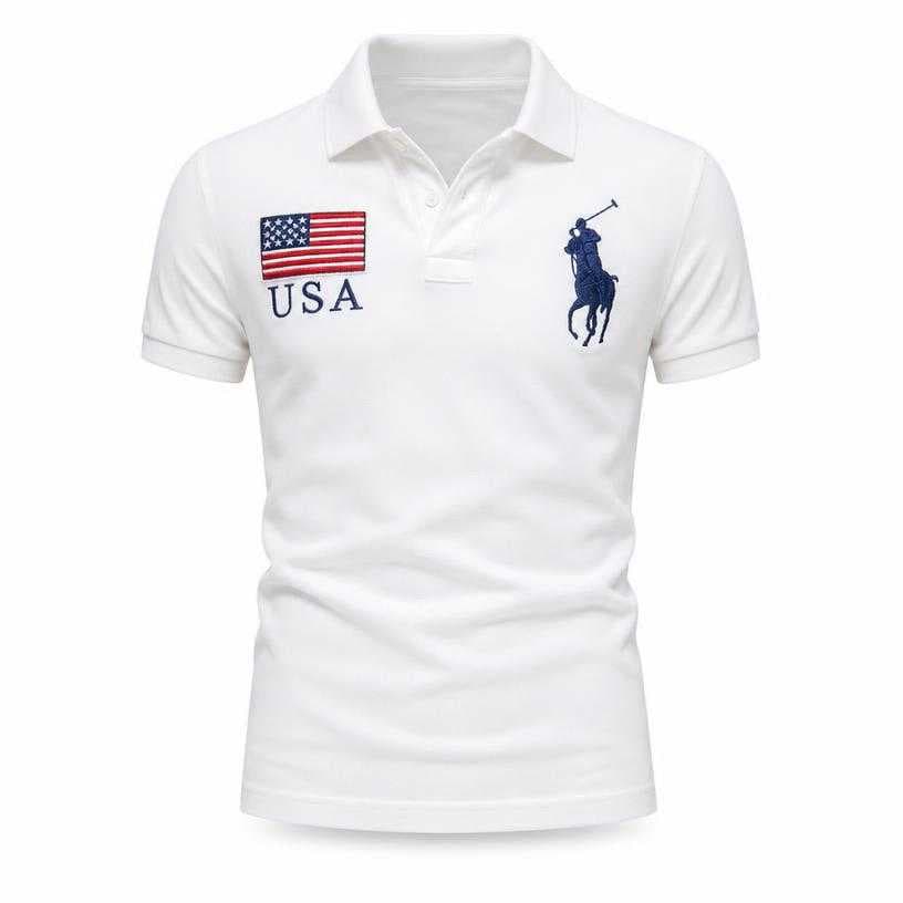 Generated item image of fitted white short-sleeve cotton piqué knit polo shirt