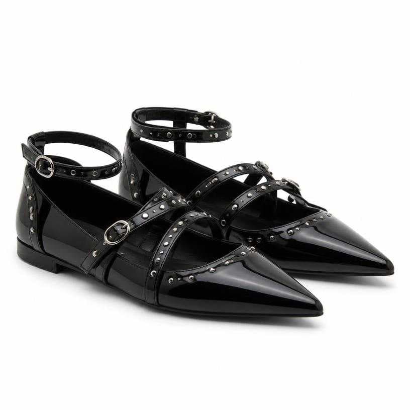 Generated item image of black pointed toe with straps glossy leather flats