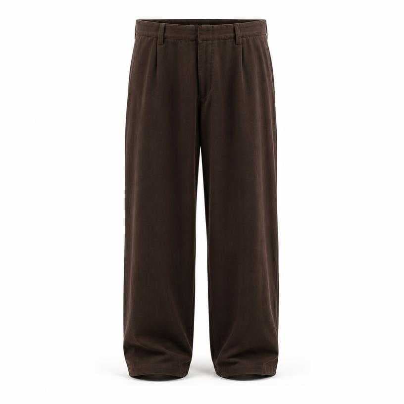 Generated item image of relaxed deep brown loose straight leg soft woven fabric trousers