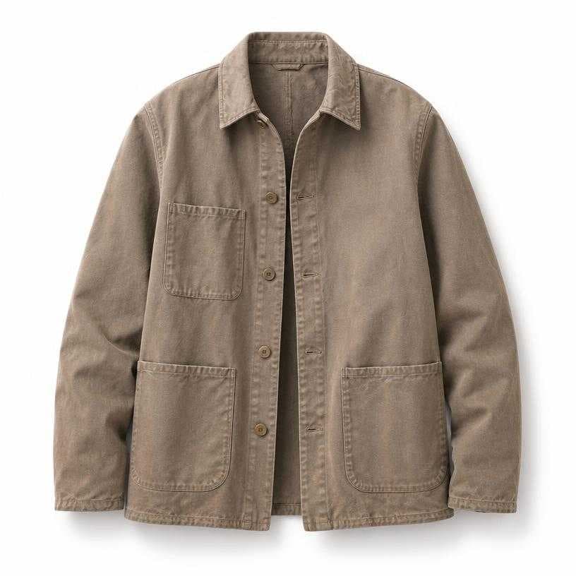 Generated item image of relaxed taupe beige button front cotton canvas chore jacket
