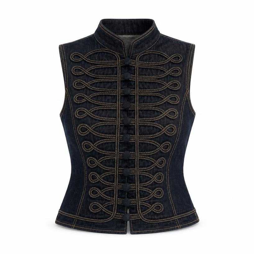 Generated item image of fitted dark indigo cropped denim sleeveless vest