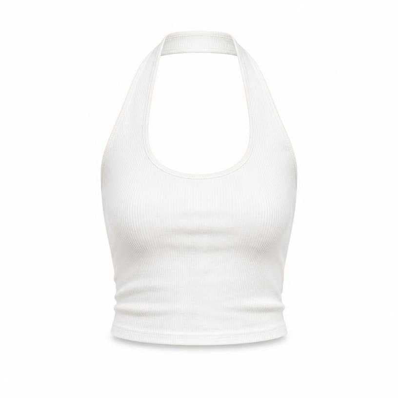 Generated item image of fitted white cropped ribbed knit fabric halter crop top