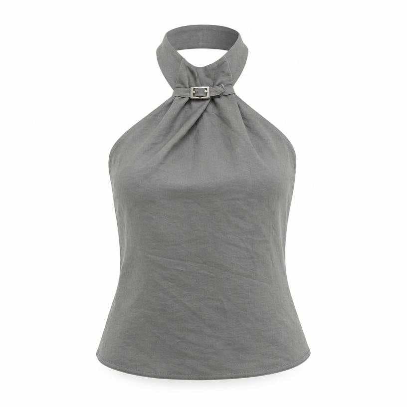 Generated item image of fitted muted grey sleeveless soft woven fabric halter top