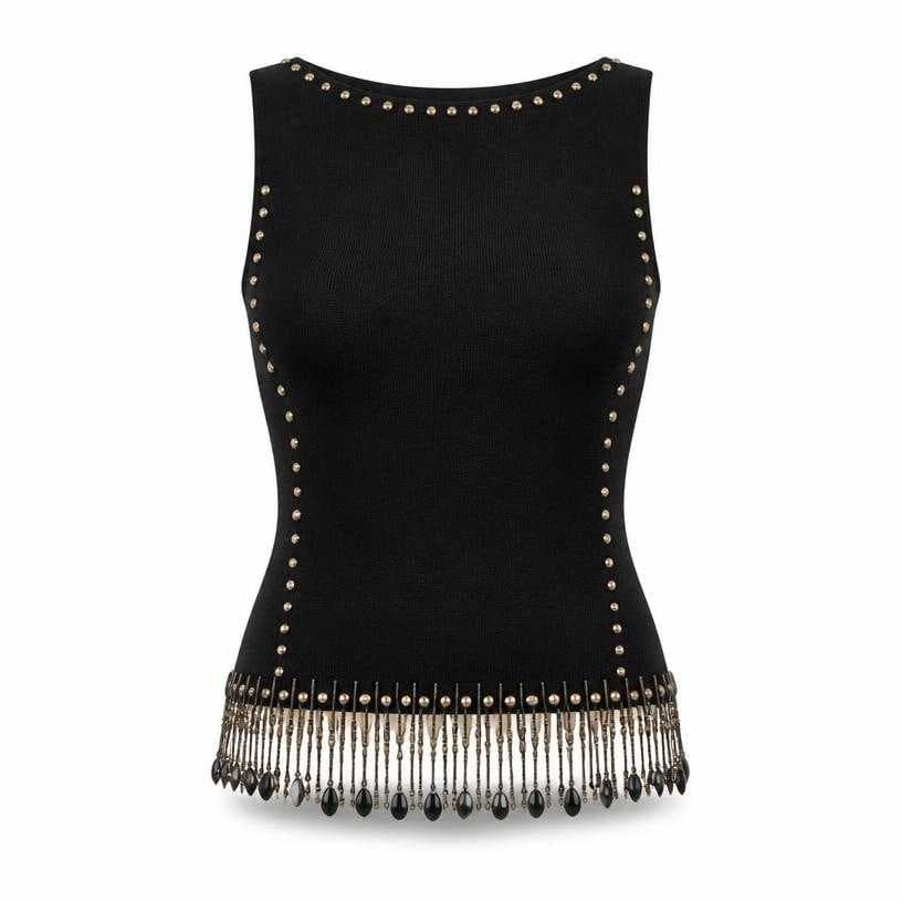Generated item image of fitted black studded fringe hem knit fabric sleeveless top