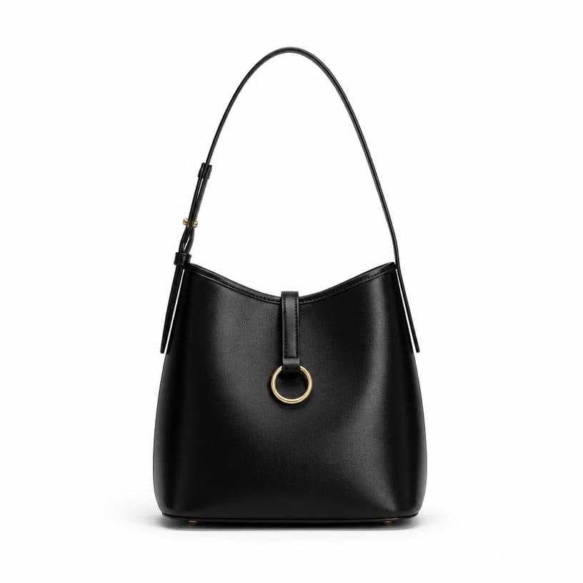 Generated item image of black rounded bucket shape smooth leather-like material shoulder bag
