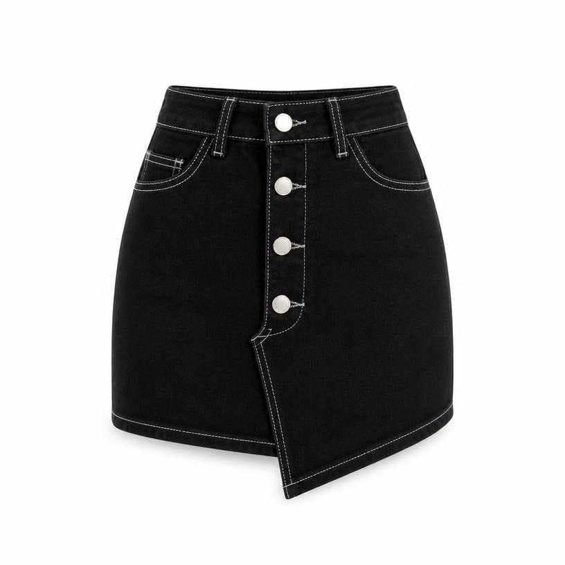 Generated item image of fitted black contrast stitching denim-like woven fabric mini skirt