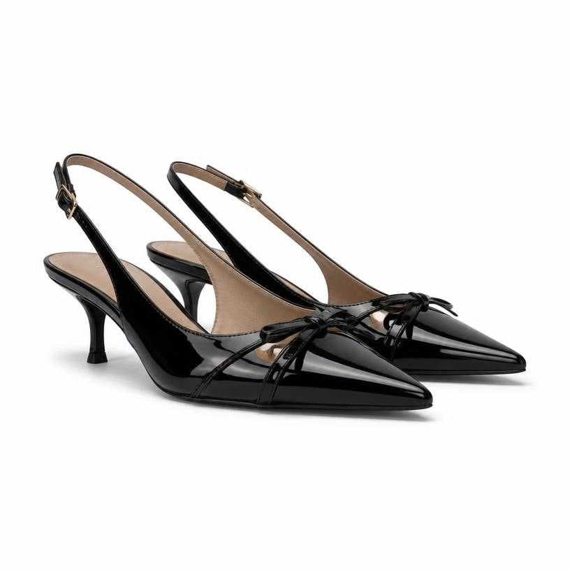 Generated item image of fitted black pointed toe glossy leather slingback heels
