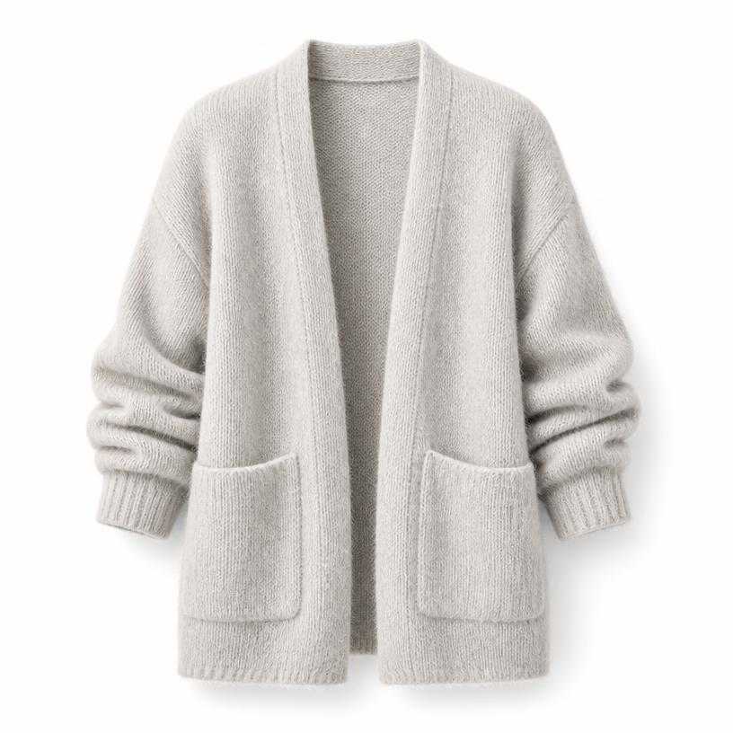 Generated item image of oversized light grey open front fuzzy knit cardigan