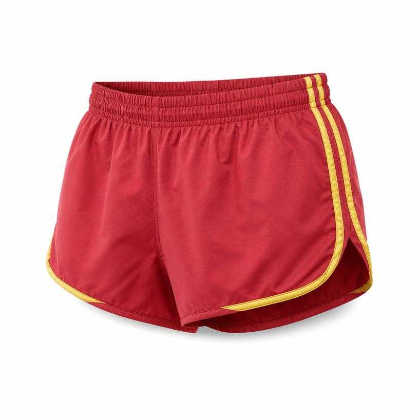 Generated item image of relaxed red split hem lightweight synthetic fabric running shorts
