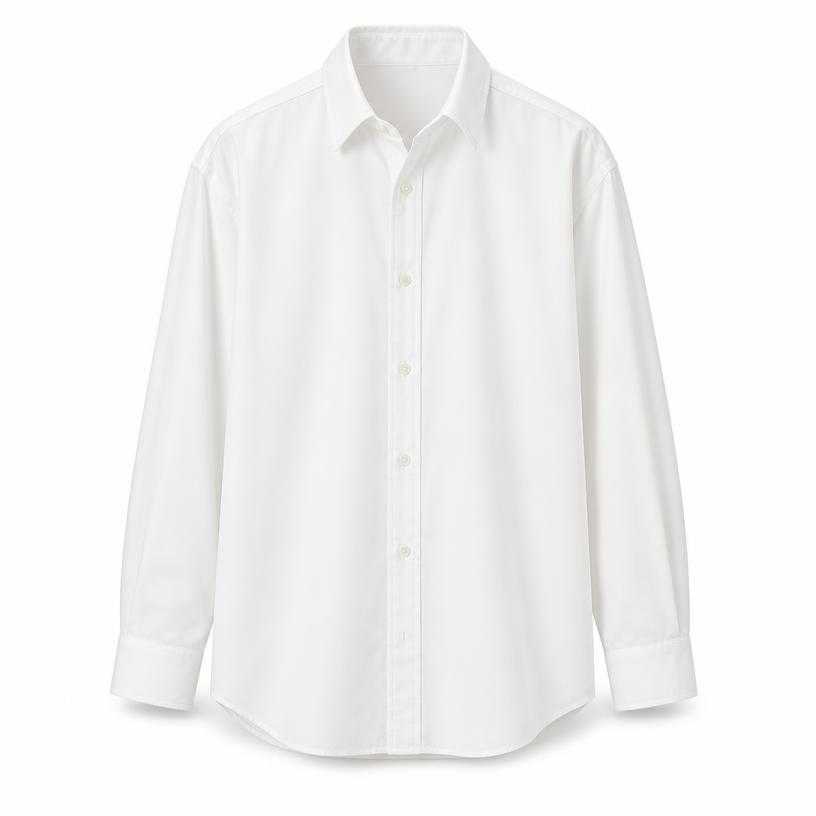 Generated item image of relaxed white collared woven cotton-like fabric button-up shirt