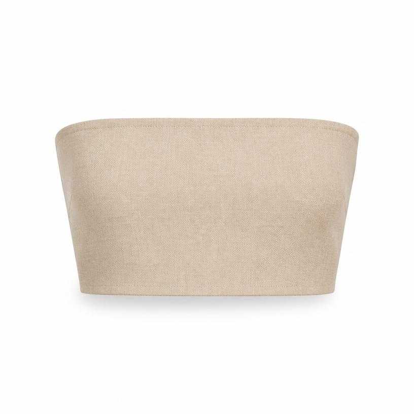 Generated item image of fitted beige tan strapless matte woven fabric bandeau crop top