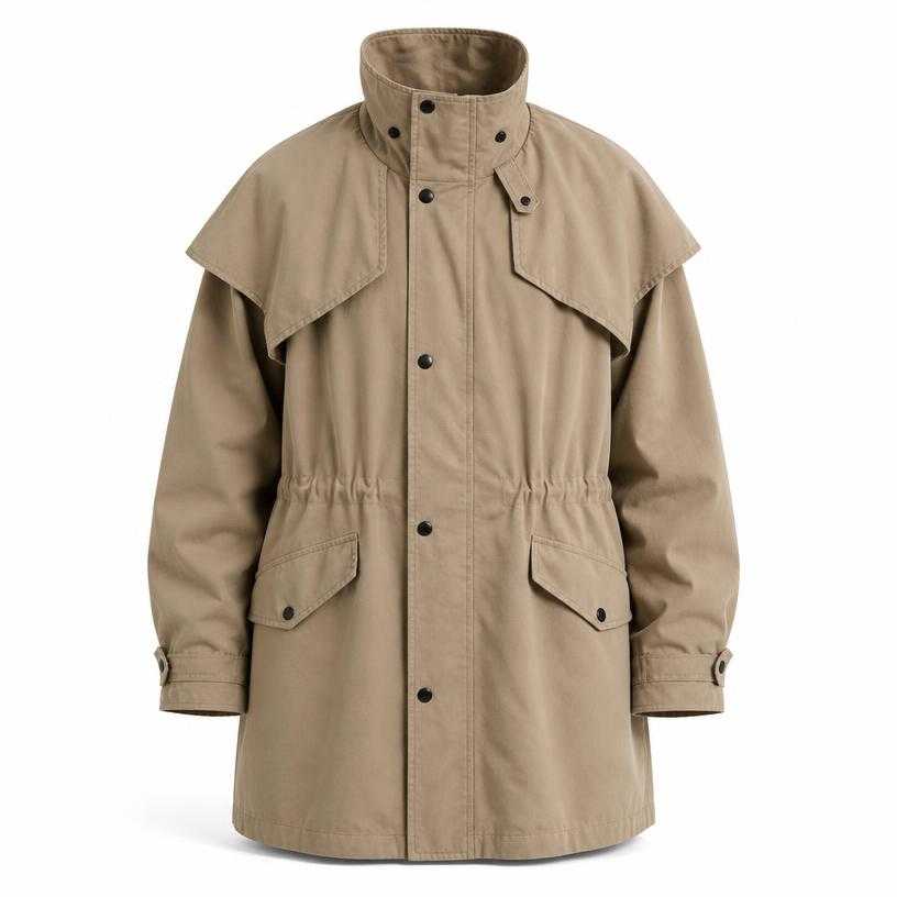 Generated item image of oversized beige-tan utility woven cotton-like fabric trench coat