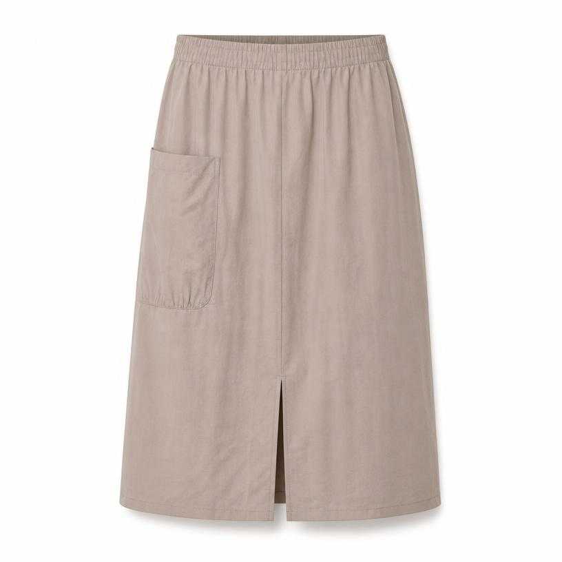 Generated item image of relaxed taupe beige front slit lightweight woven fabric knee-length skirt