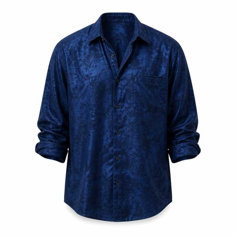 Generated item image of relaxed deep blue patterned sheeny woven fabric button-up shirt