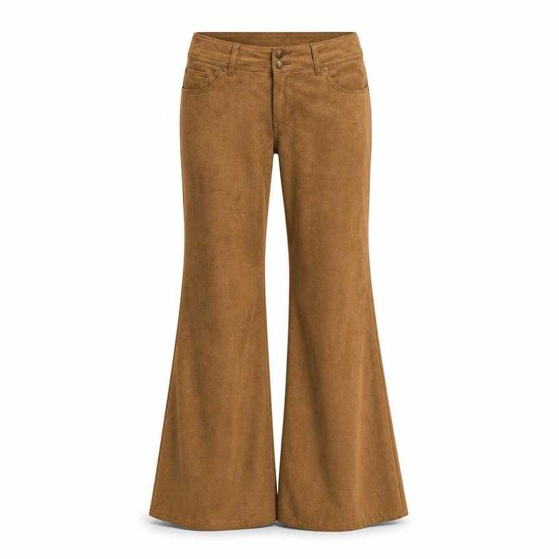 Generated item image of relaxed warm tan brown low-rise suede-like fabric flared trousers