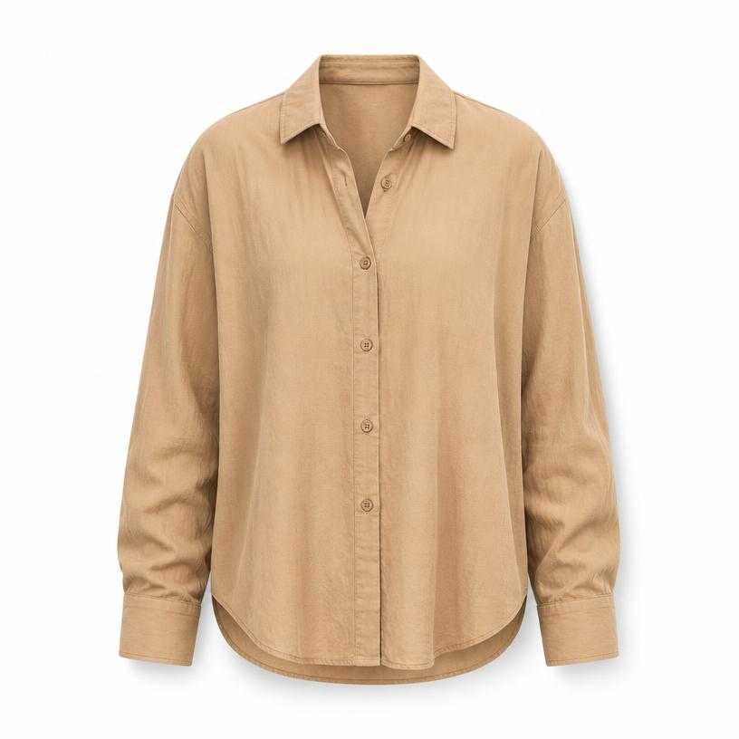 Generated item image of relaxed tan woven fabric button-front shirt