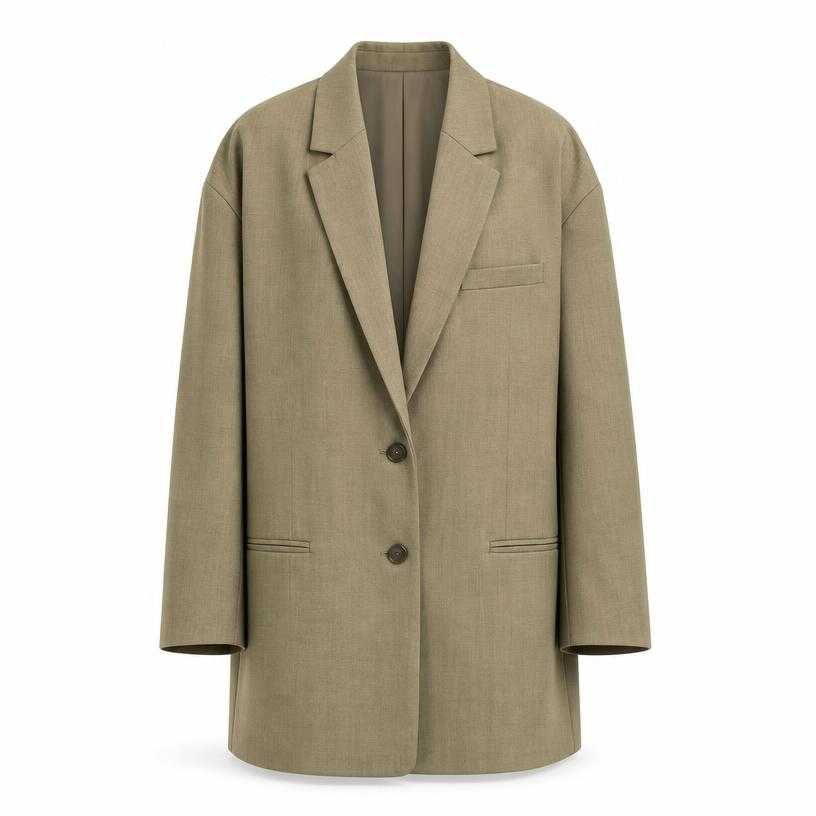 Generated item image of oversized muted olive beige longline woven suiting fabric blazer