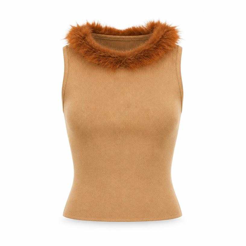 Generated item image of fitted camel beige cropped sleeveless knit top