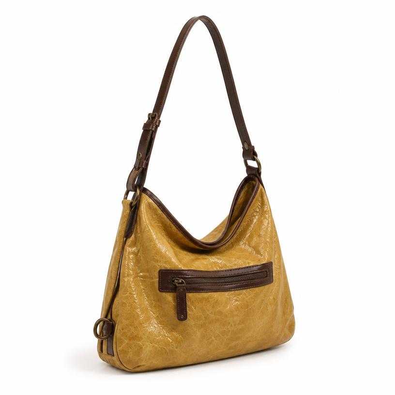 Generated item image of mustard tan slouchy crinkled leather-like material shoulder bag