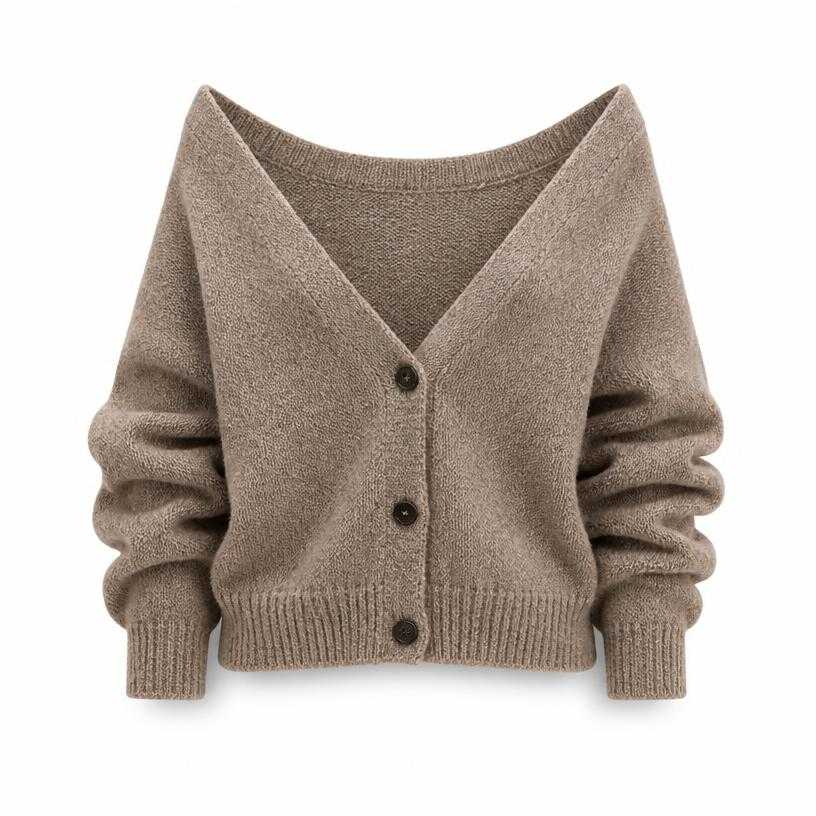 Generated item image of relaxed warm taupe button-front textured knit cardigan