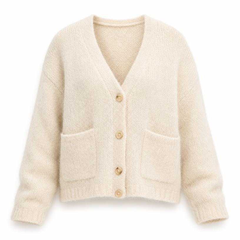 Generated item image of relaxed cream cropped fuzzy knit cardigan