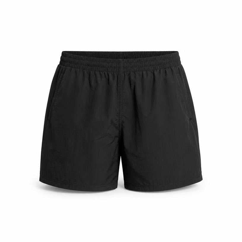 Generated item image of relaxed black above-knee lightweight woven shorts