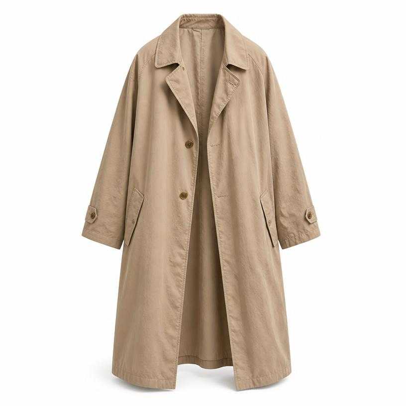 Generated item image of oversized beige tan long length cotton-like woven fabric trench coat