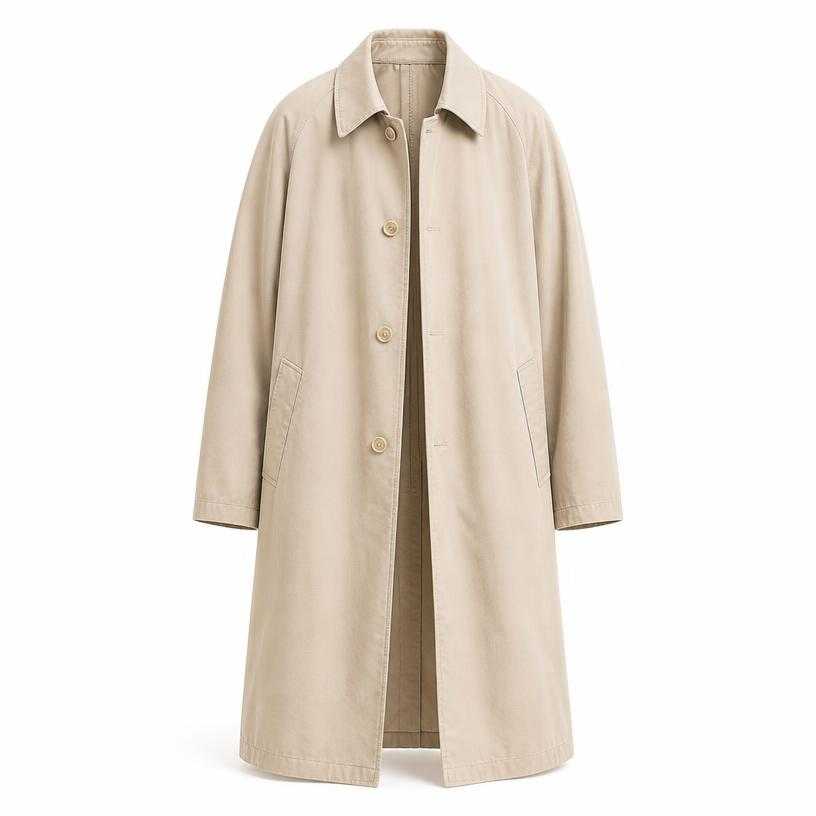 Generated item image of relaxed light beige long length cotton-blend gabardine trench coat