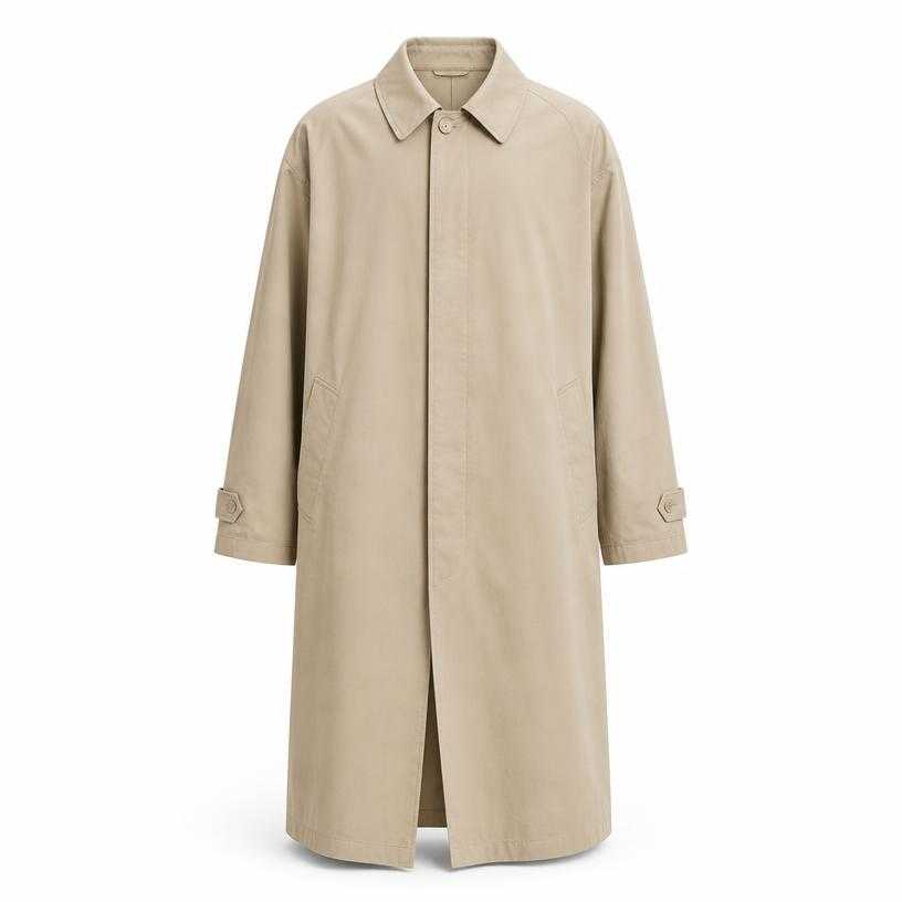 Generated item image of relaxed beige knee-length woven cotton-like fabric trench coat