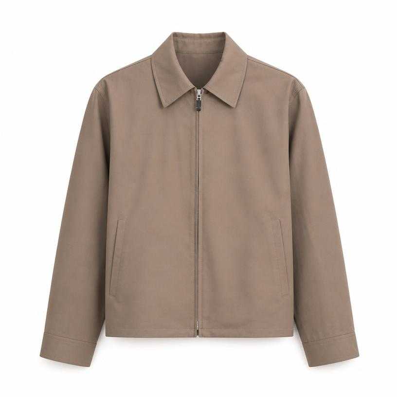 Generated item image of relaxed taupe brown point collar smooth woven fabric zip-front jacket