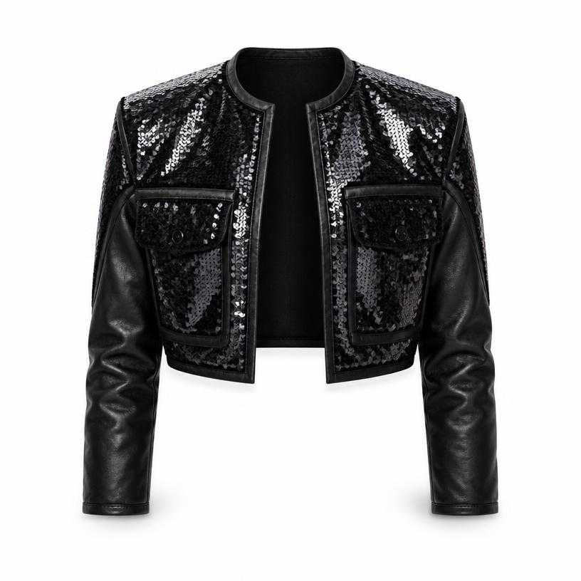Generated item image of relaxed black structured shoulders sequins cropped jacket