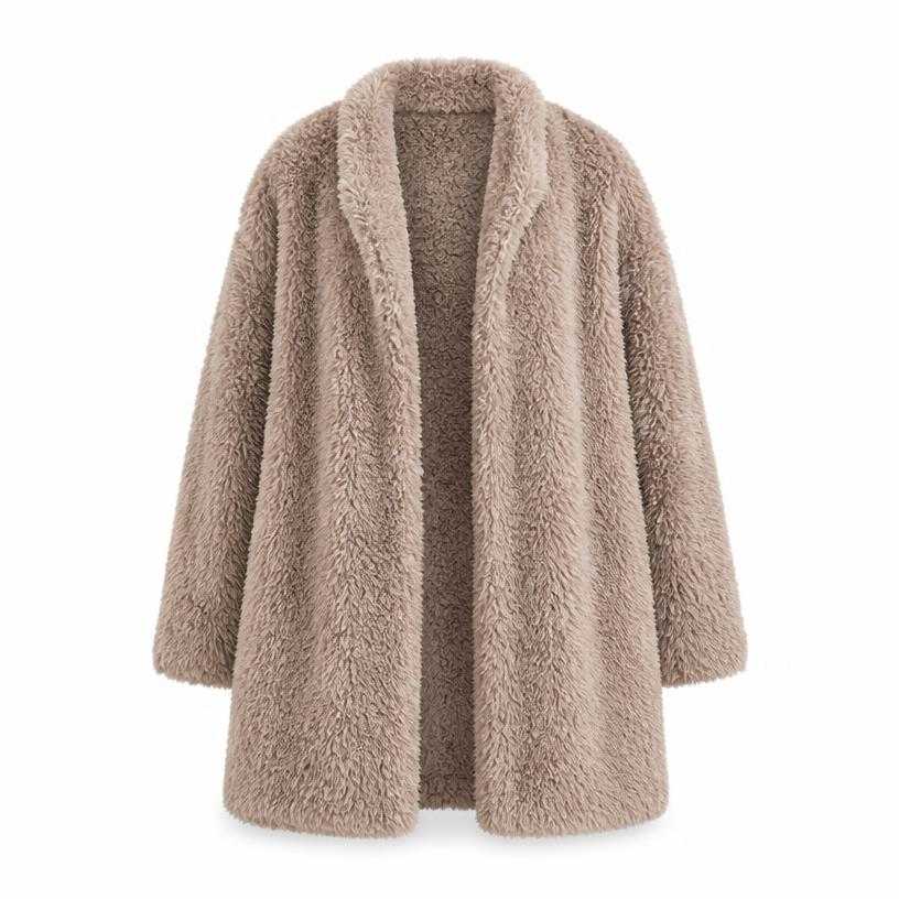 Generated item image of oversized taupe beige open front pile shaggy coat