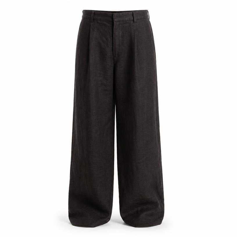 Generated item image of relaxed very dark brown-black wide leg linen-like woven fabric trousers
